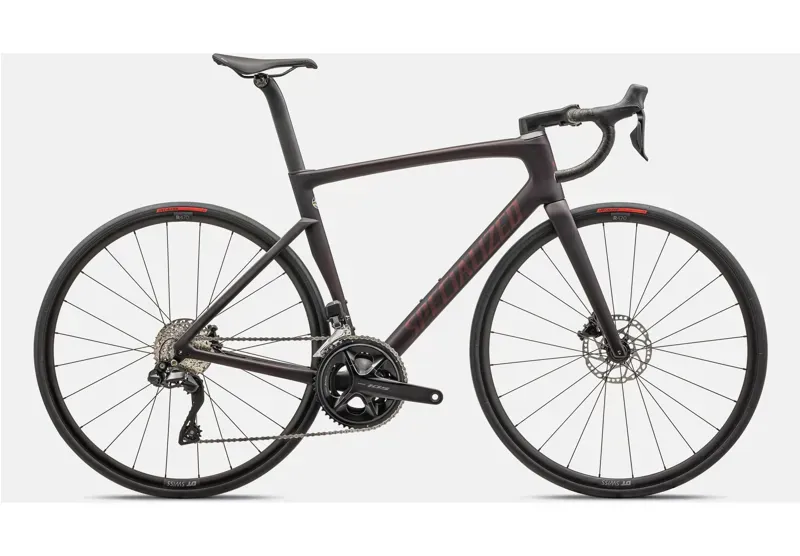 Specialized Tarmac SL7 Comp Shim.105 Di2 Road Bike in Red Tint over Carbon/Red Sky