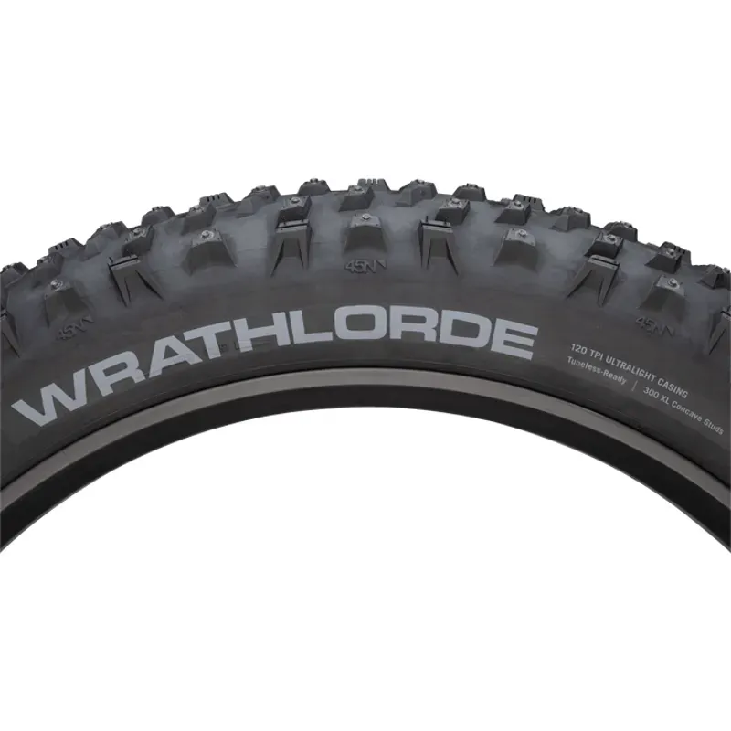 45NRTH Wrathlorde Tire 27.5 X 4 Tubeless Folding Black 120 TPI 300 XL Concave Carbide Studs In Black -1